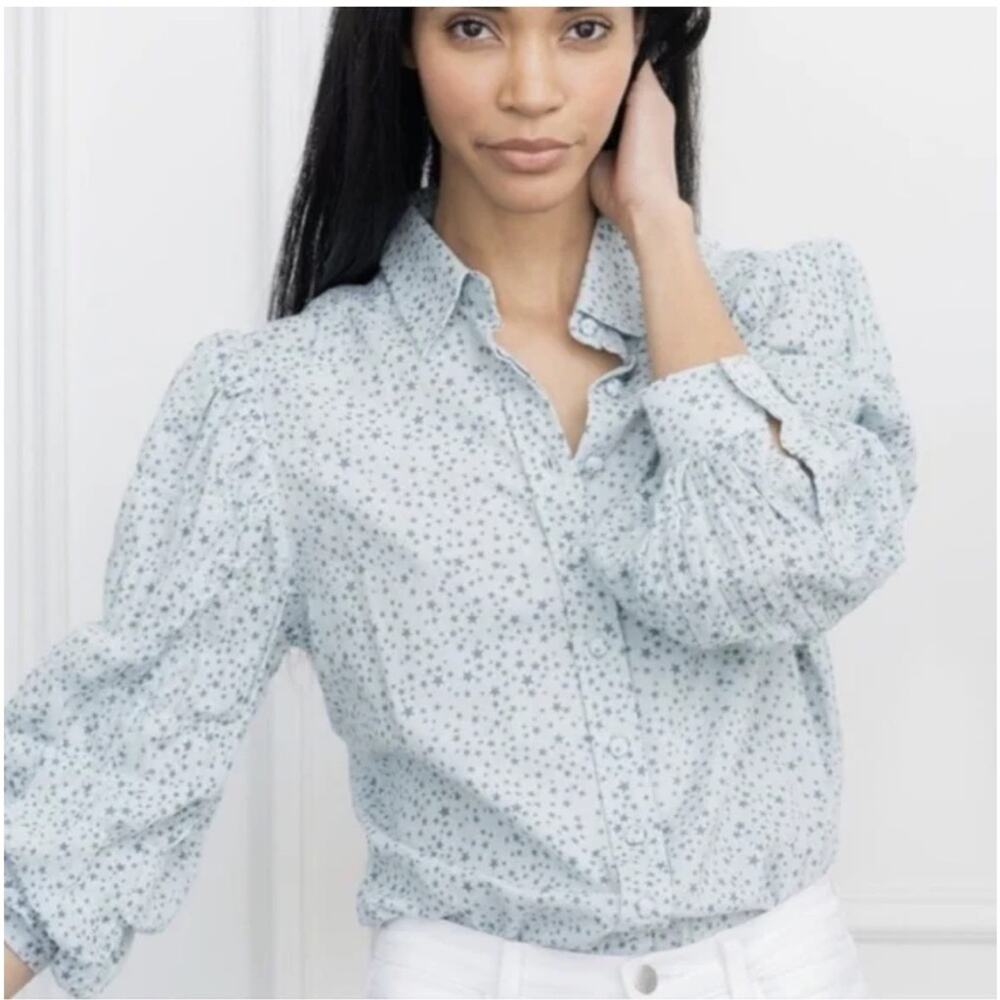 The Shirt Rochelle Behrens Blue Star Print Long Puff Sleeves Button Down Shirt M - Picture 3 of 11